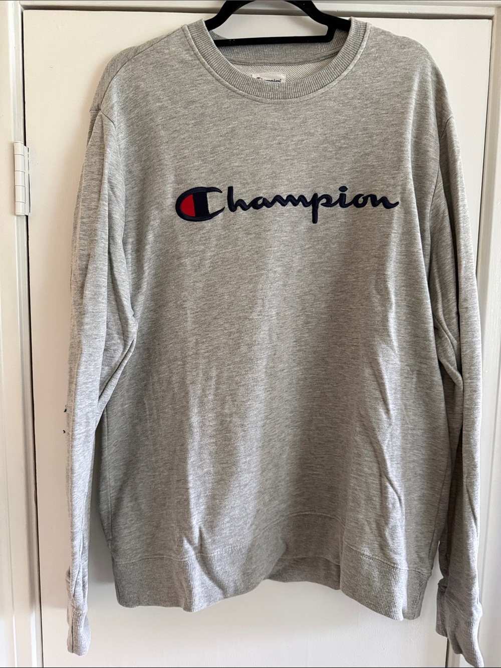 Champion Light Grey Crewneck with Navy Script and Red Accent